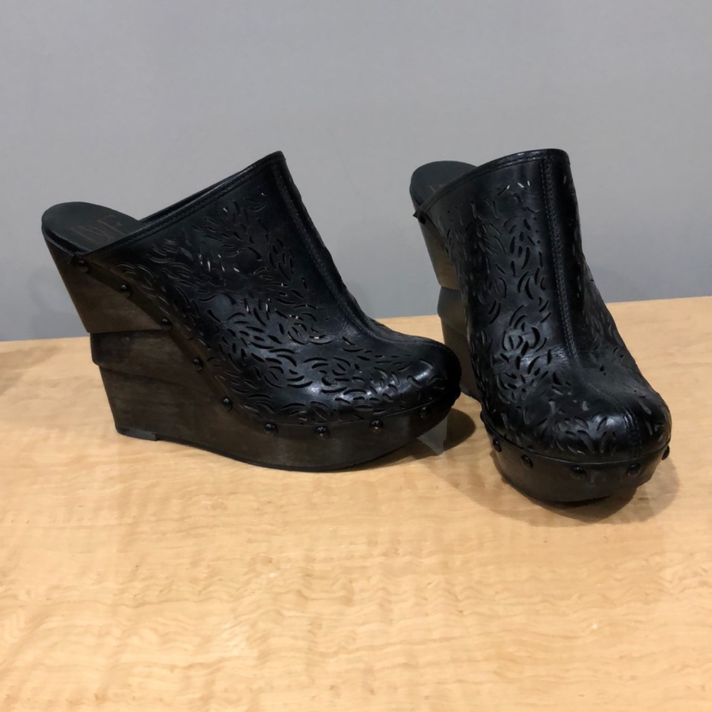 DVF leather and wood wedge sandals